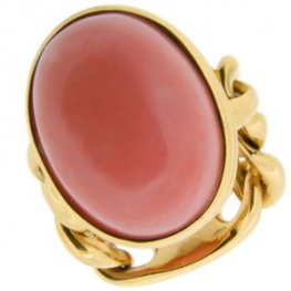 Pink Coral Ring - chain style shank. 18kt Yellow.